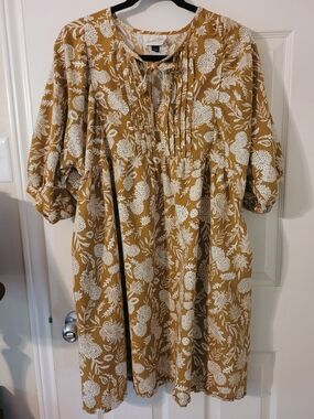 100% Cotton Universal Thread Mustard Floral Midi Dress with Tie Neck